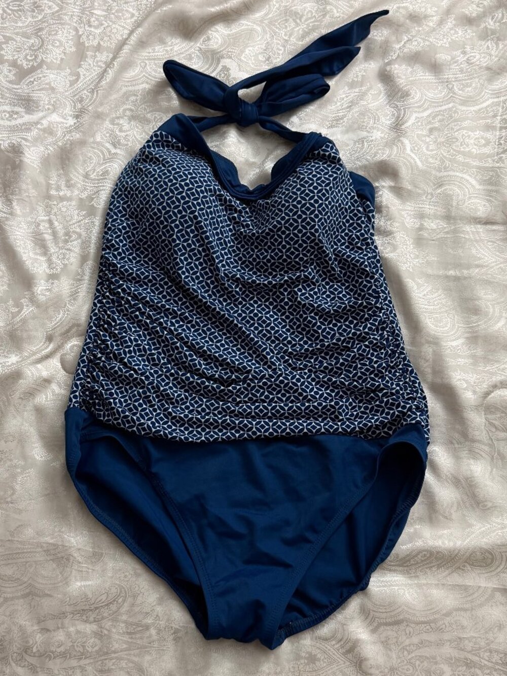 Suddenly Slim by Catalina One Piece Halter Swimsuit Navy Blue Geometric Tummy Co